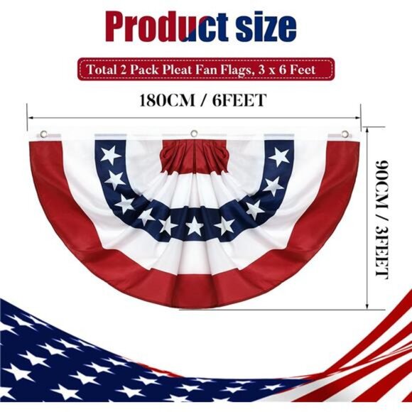2Pack 3x6 Ft American Pleated Fan Flag, American Flag Bunting for Outdoor, US - Picture 3 of 7